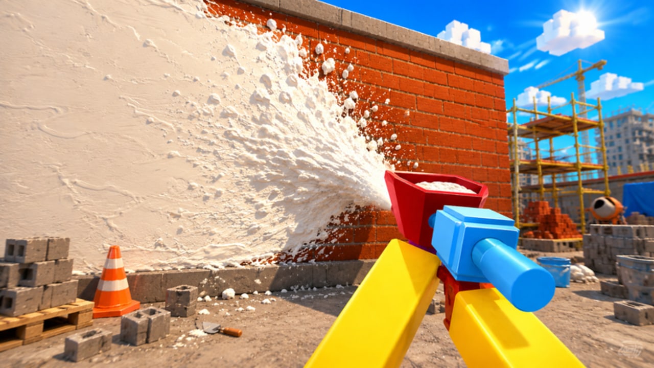 First-person Finish It screenshot spraying white plaster onto a red brick wall with a hopper gun