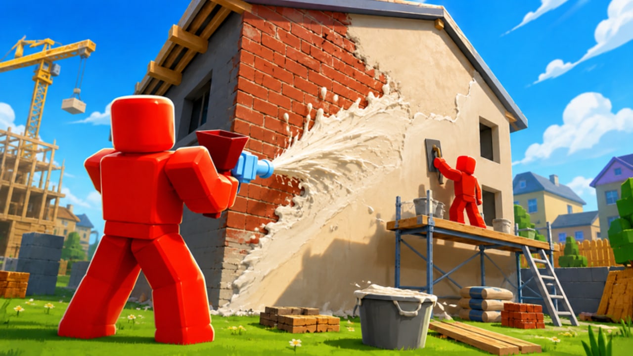Two Finish It workers plastering a two-storey house beside scaffolding, buckets, and a construction crane